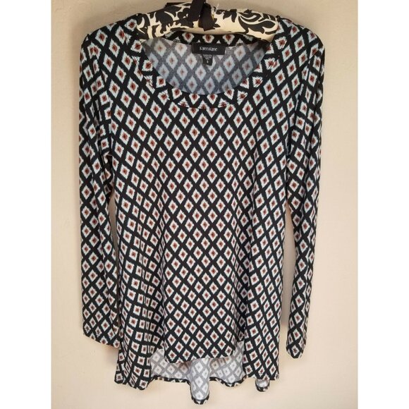 Karen Kane Womens Scoop Neck Geometric Hi-Low Tunic Top Long Sleeve Small Black - Picture 1 of 5